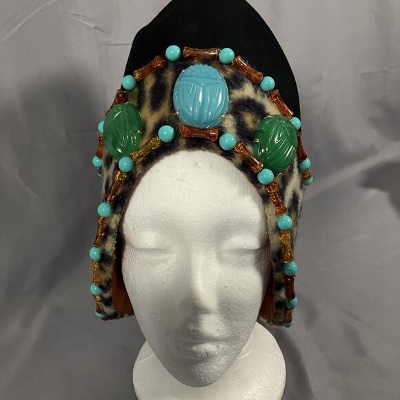 Egyptian Scarab Hat Headdress Fitted Womens Leopard Print Beaded Turquoise Black - Picture 2 of 16